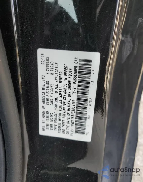 2016 Honda Accord Exl from USA, damaged, VIN 1HGCT1B83GA008452